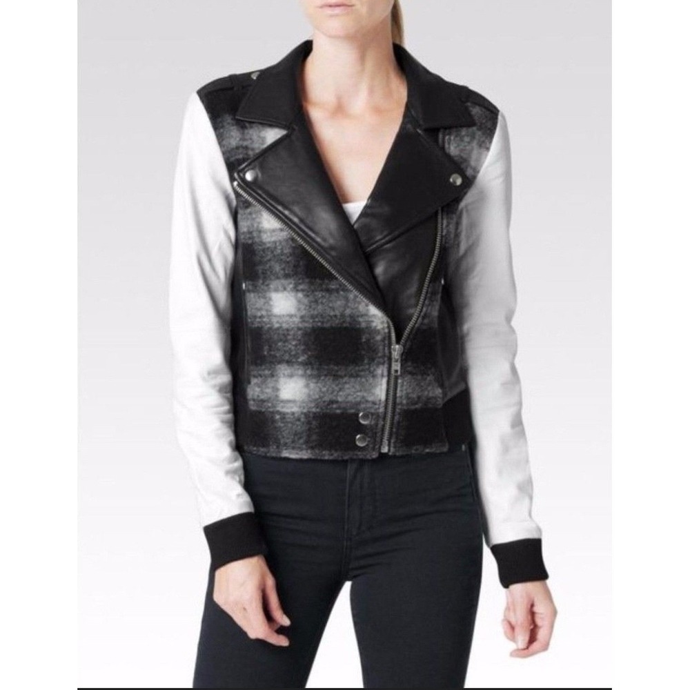 Paige Shelley Plaid Wool Blend Lamb Leather Moto Jacket Black White XS